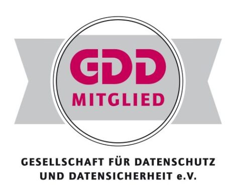 Logo der GDD, Mitgliedschaft, mit dem Text „Gesellschaft für Datenschutz und Datensicherheit e.V.“.